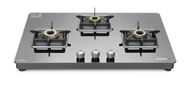 Sujata Premium Gas Stove 3 Burners Glass Top | 9 Years Warranty | Gas Stove with Jumbo Brass Burners | SABAF Technology | ISI Certified | LPG & PNG Compatible | 360° Rotating Brass Nozzle (Black)